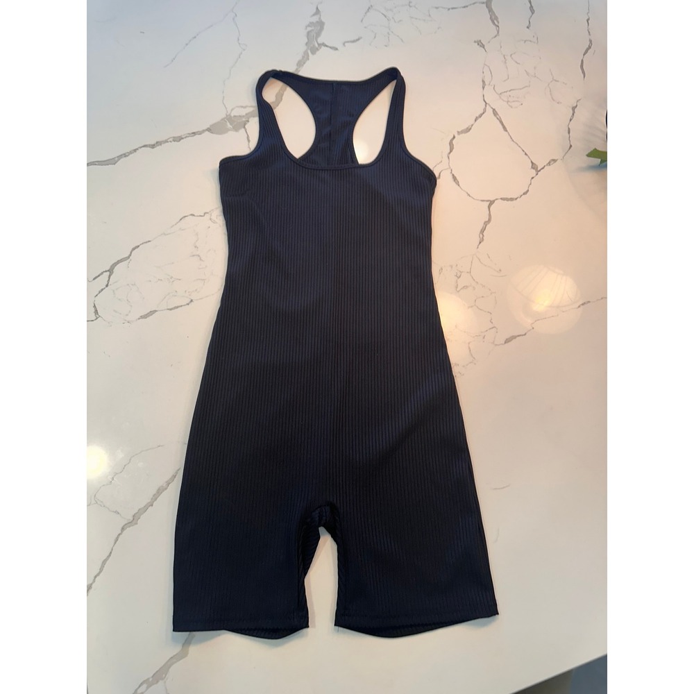 Black Ribbed Knit Racerback Romper Sleeveless Bodysuit Size Medium